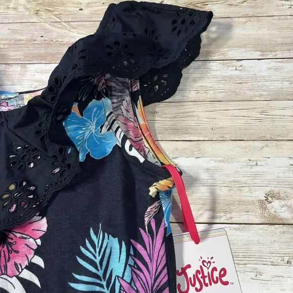 Girls Sleeveless Tropical Print Top W/ Black Ruffle Neckline And Buttons 12/14 L - Picture 7 of 9